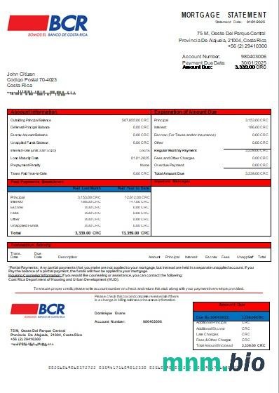 Kostaryka Bank Kostaryki wyciąg z kredytu hipotecznego szablon Word i PDF